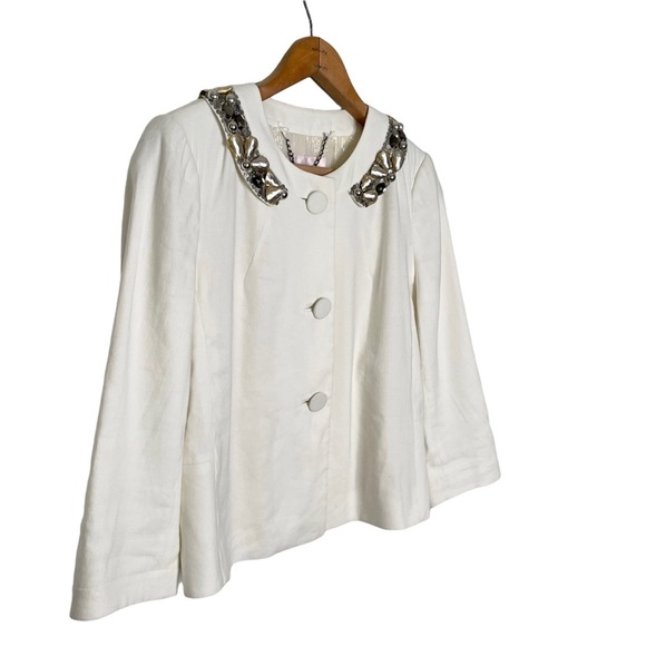 Rebecca Taylor | White Button Down Embellished Collar Linen Blend Jacket - Picture 2 of 12
